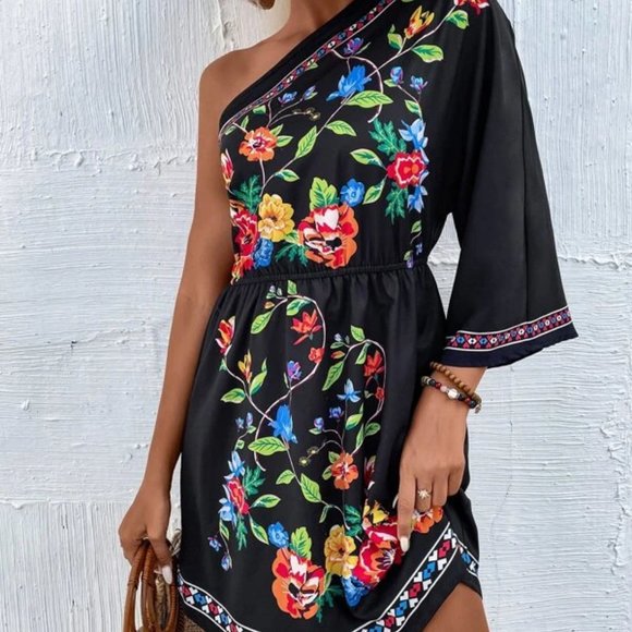 MODA ME COUTURE Dresses & Skirts - Shabby Chic  Floral One Shoulder Mini Dress Black